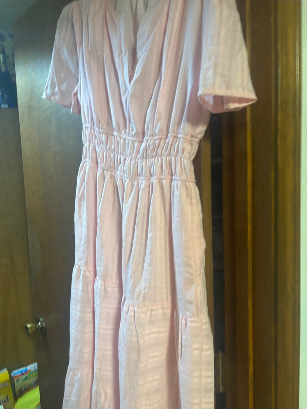 This is a Ladies Size M Pink Tiered Short-Sleeve Dress Prettier than the pic